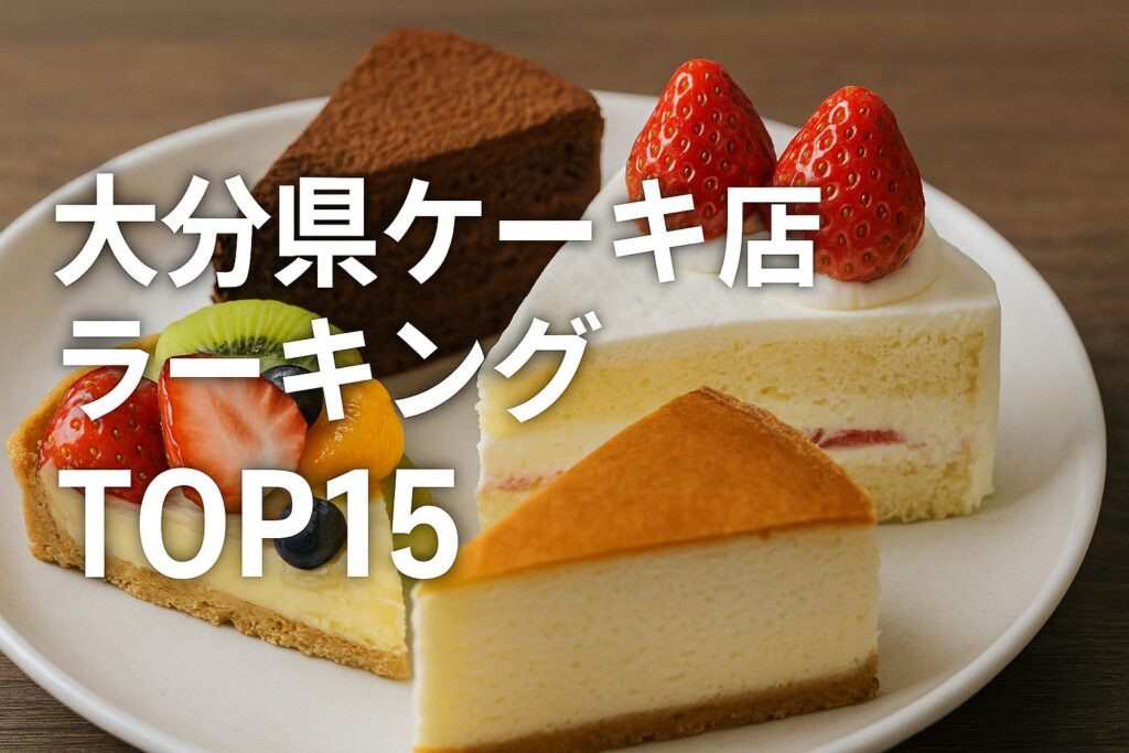 次のタイトルのブログ記事のアイキャッチ画像を作成して下さい。16:9です。
大分県ケーキ店ランキングTOP15
